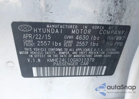 2016 Hyundai Sonata Hybrid Se из США, поврежденный, VIN KMHE24L10GA011379